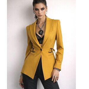 LITA by Ciara Blazer Womens Small Saffron Yellow Belted Stretch Jacket Italy NWT